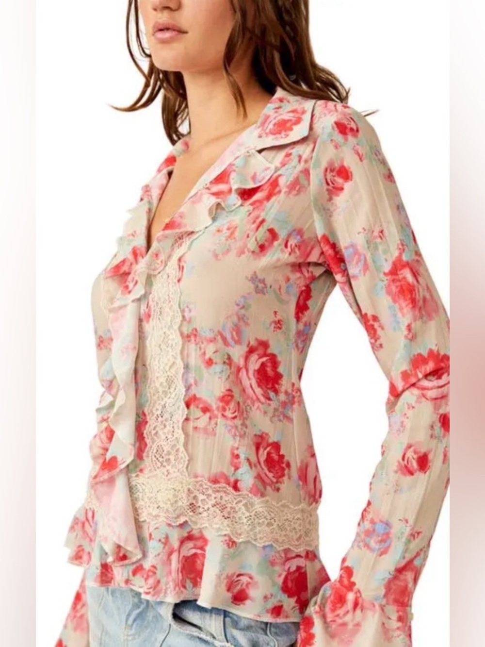 New Free People Bad At Love Floral Lace Trim Too ~ Pink & Mint - Picture 4 of 12